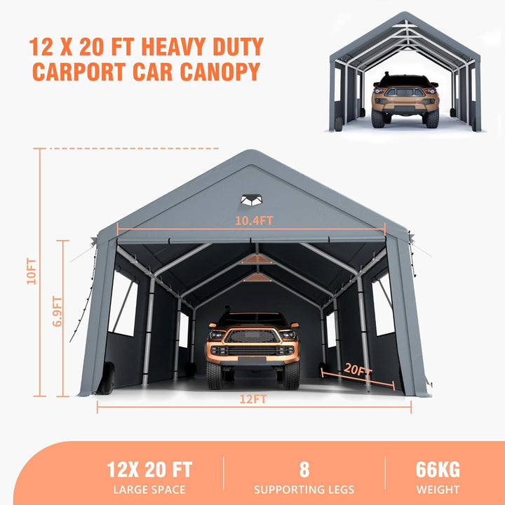12x20 Ft Heavy-Duty Carport with Sidewalls, Grey