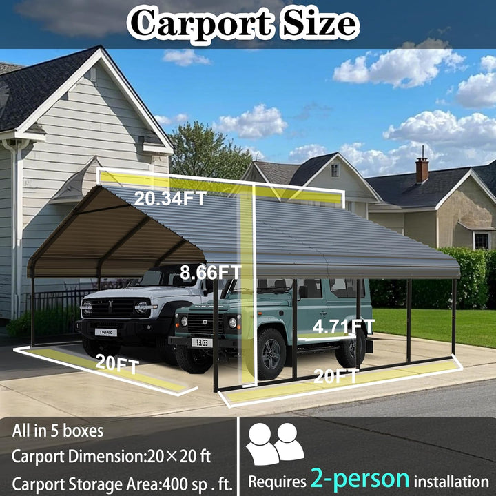 20x20 Ft Heavy-Duty Metal Carport with Steel Roof