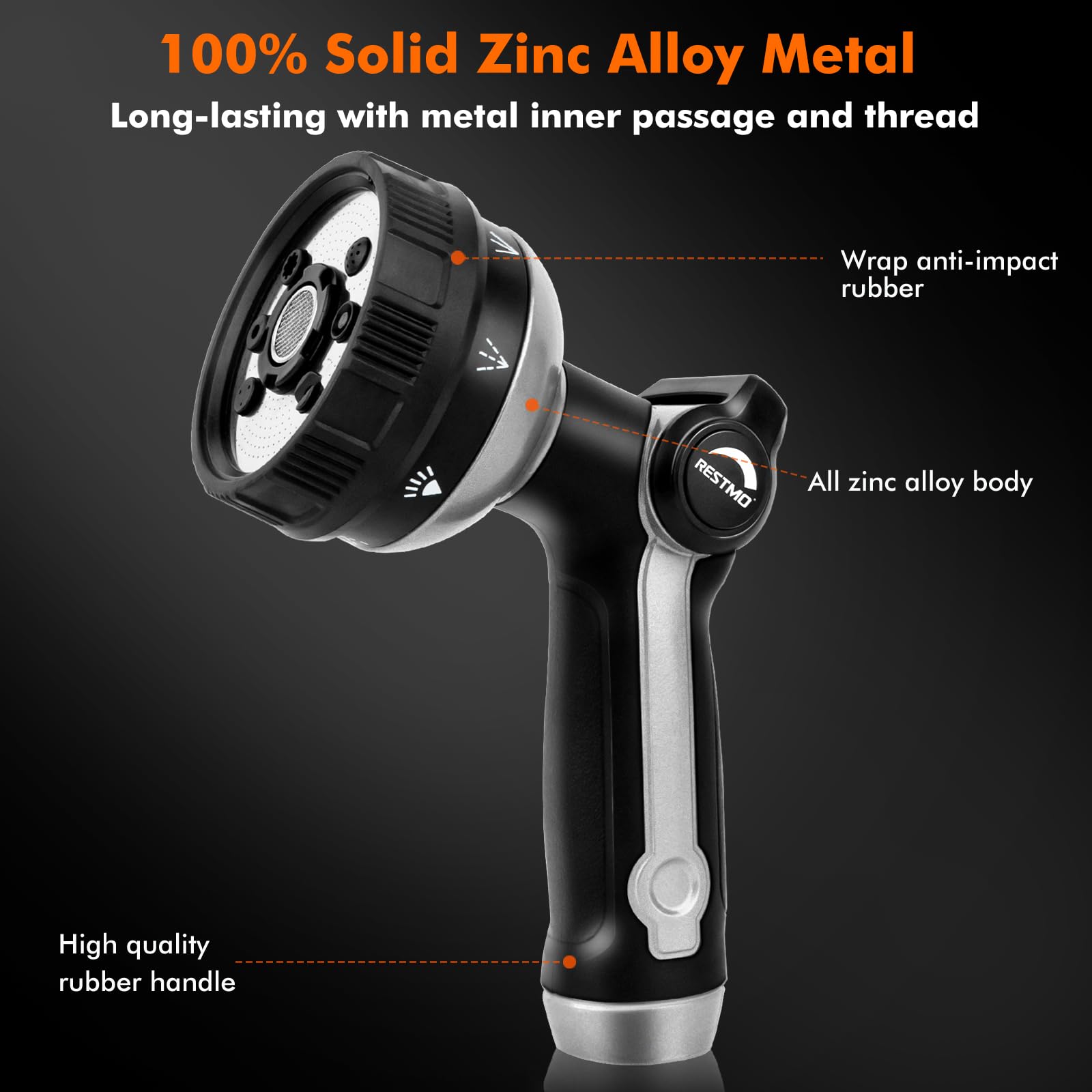 RESTMO Metal Hose Nozzle, 8 Spray Patterns – Bronze