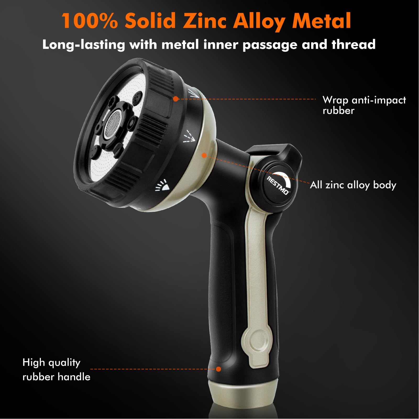 RESTMO Metal Hose Nozzle, 8 Spray Patterns – Bronze