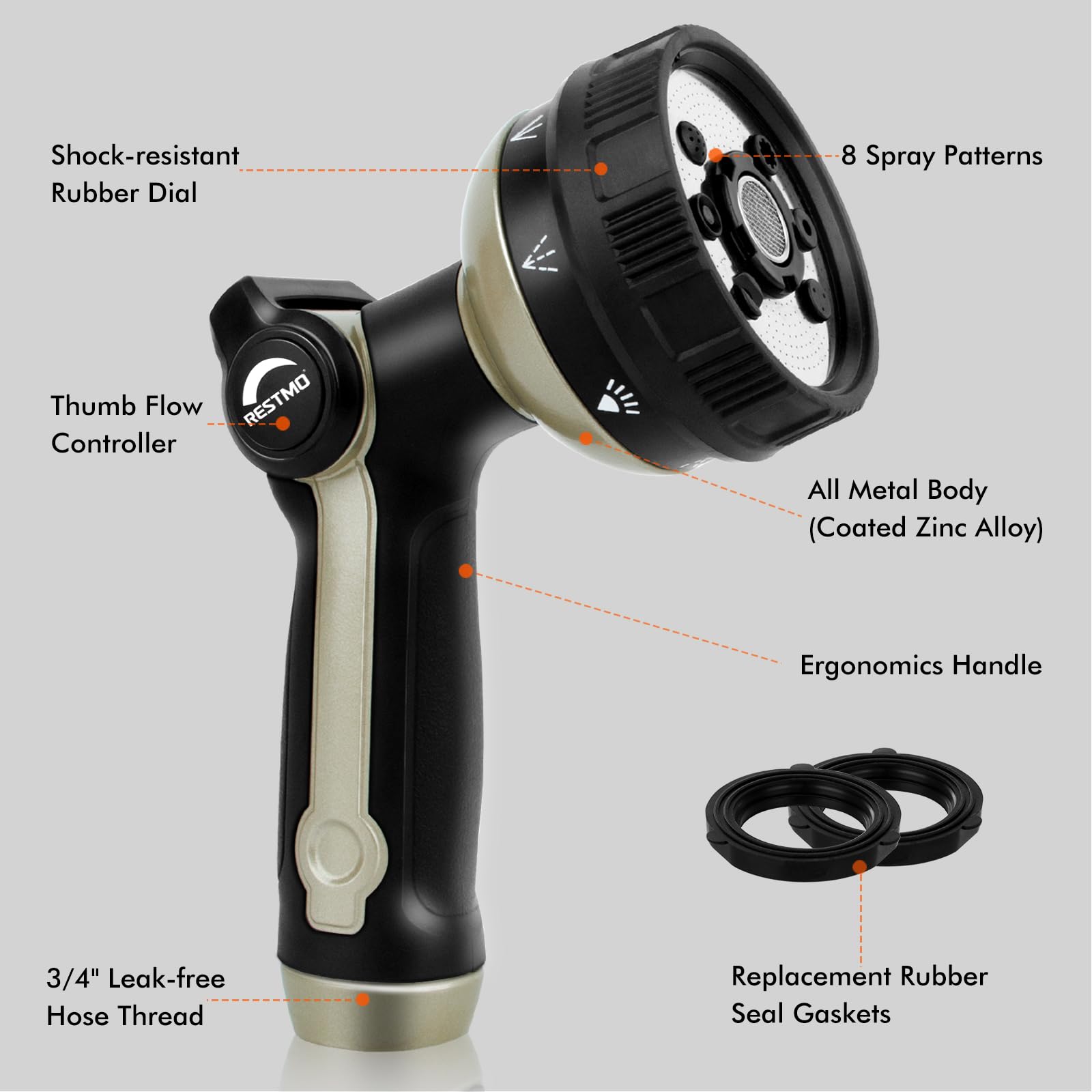 RESTMO Metal Hose Nozzle, 8 Spray Patterns – Bronze