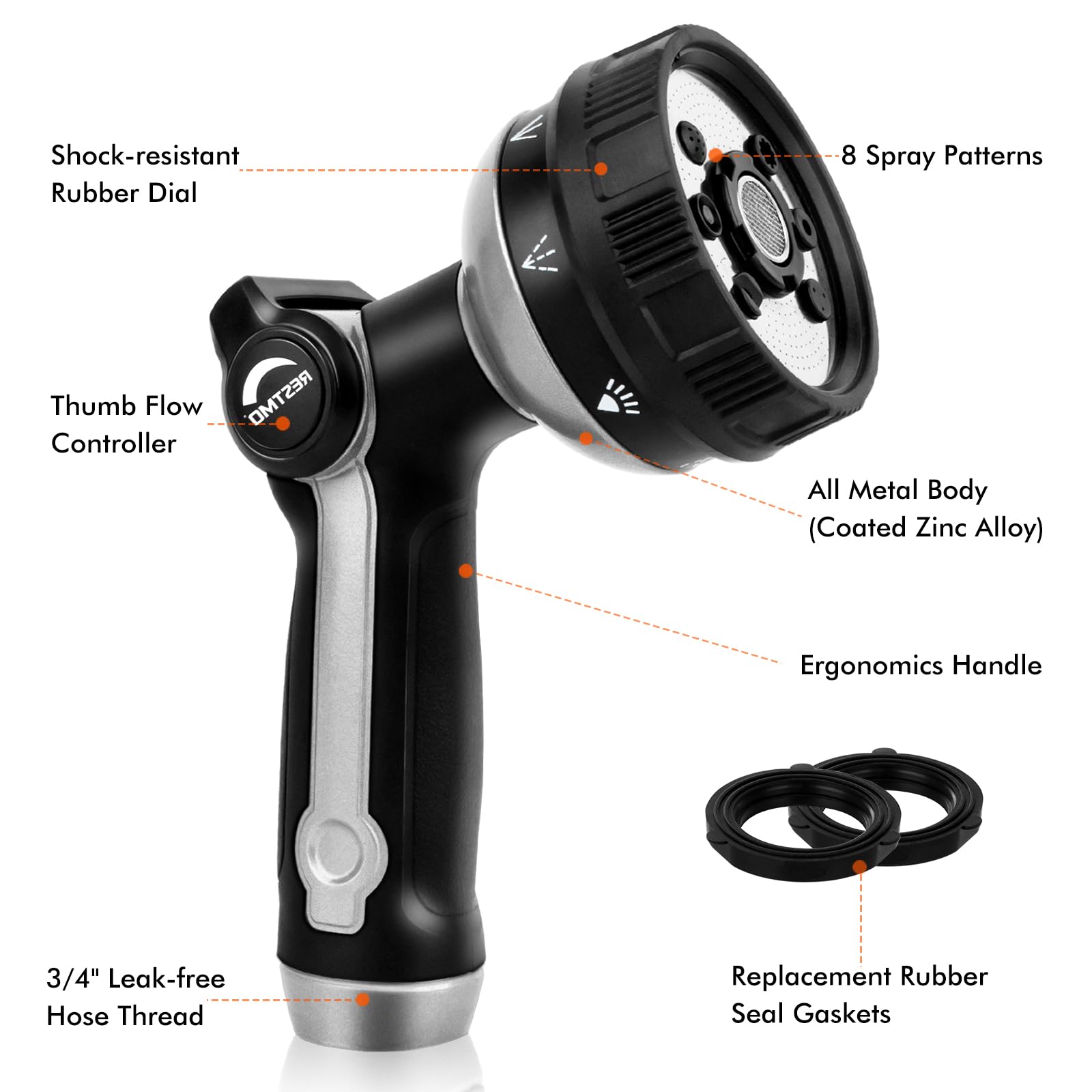 RESTMO Metal Hose Nozzle, 8 Spray Patterns – Bronze
