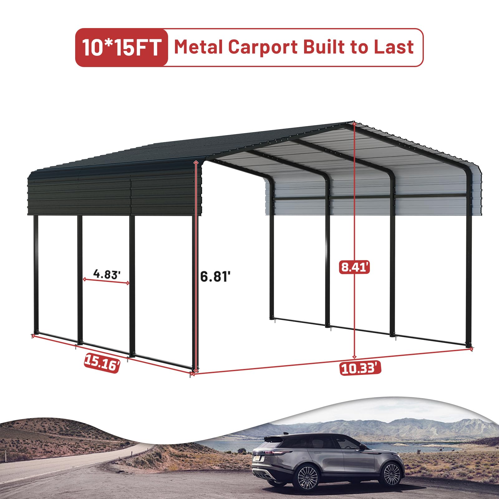 10x15 Ft Metal Carport with Steel Roof