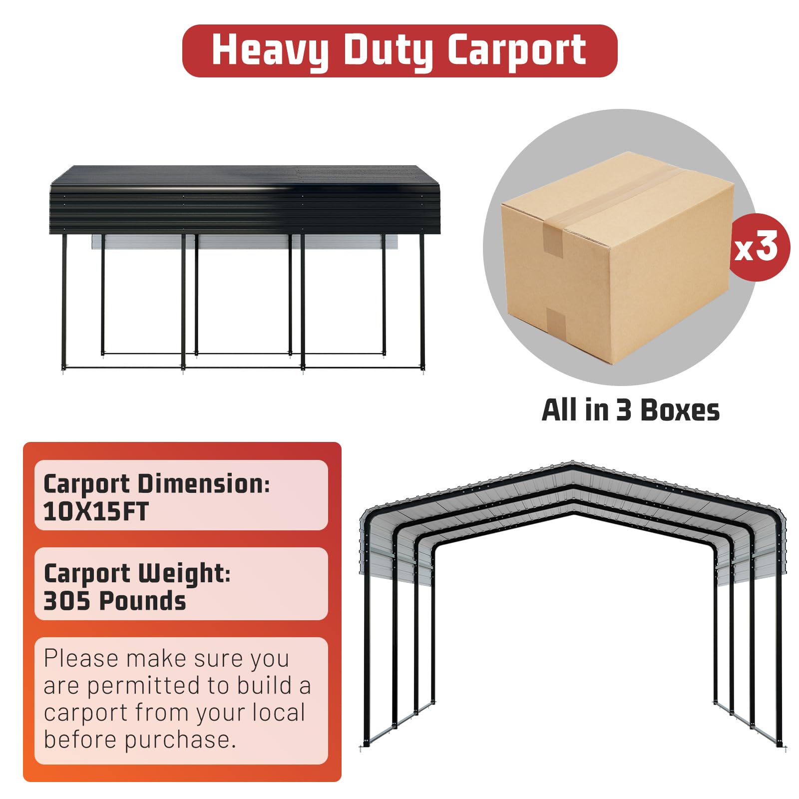 10x15 Ft Metal Carport with Steel Roof