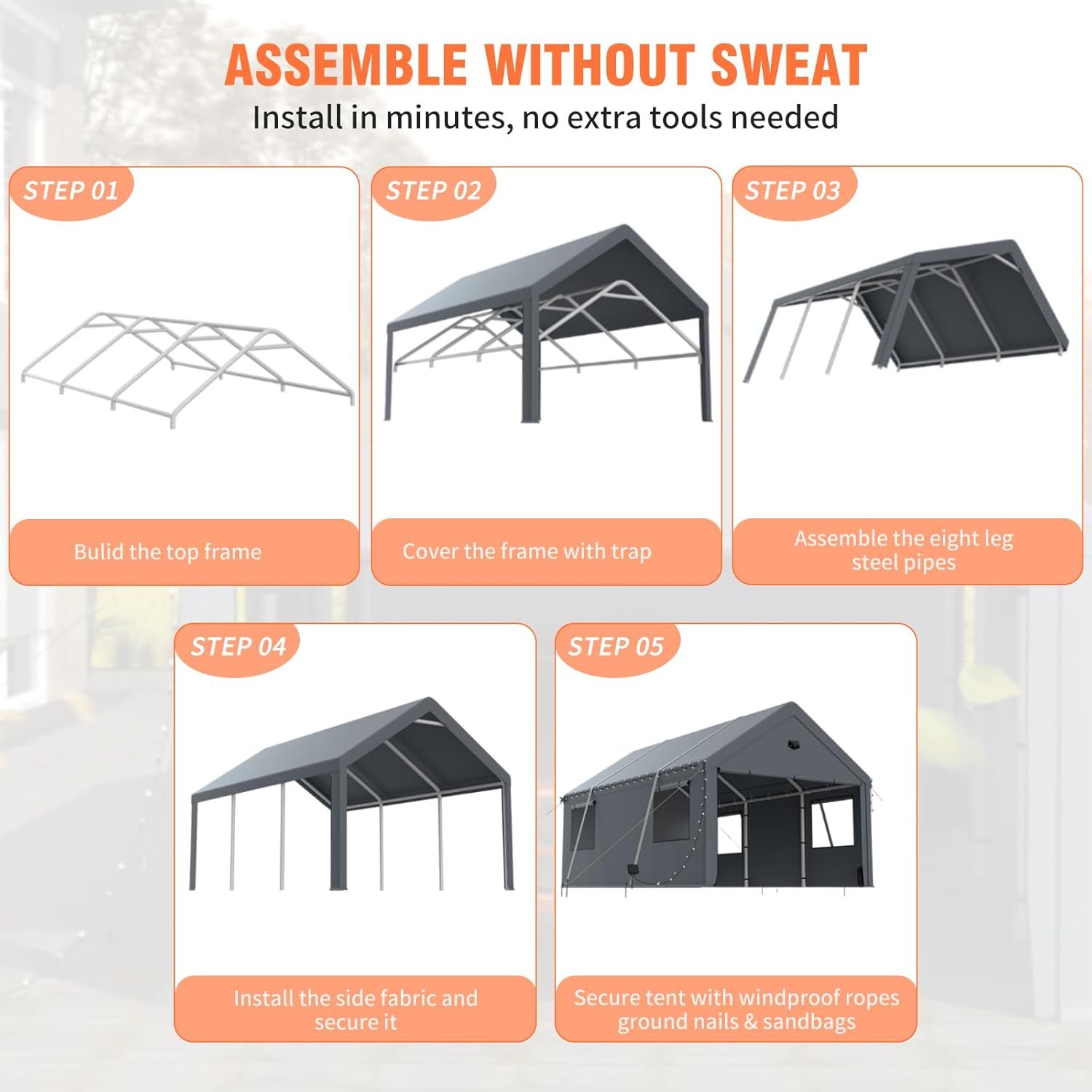 12x20 Ft Heavy-Duty Carport with Sidewalls, Grey