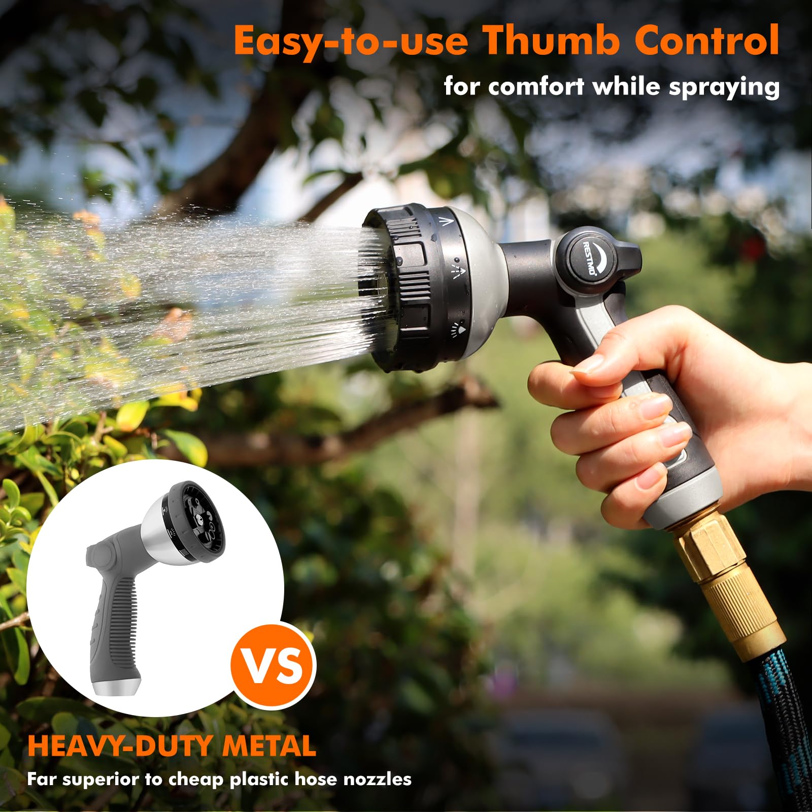 RESTMO Metal Hose Nozzle, 8 Spray Patterns – Bronze