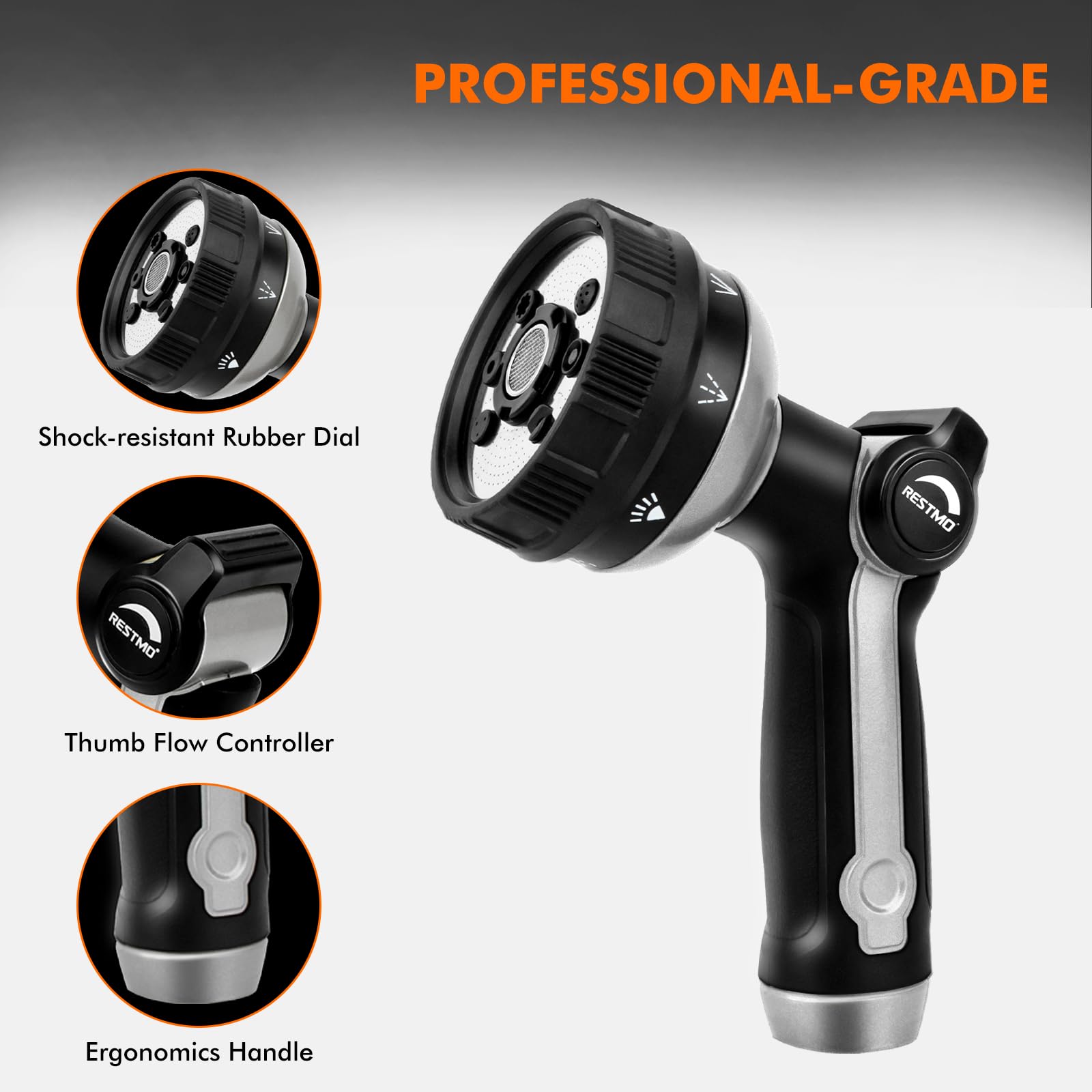 RESTMO Metal Hose Nozzle, 8 Spray Patterns – Bronze