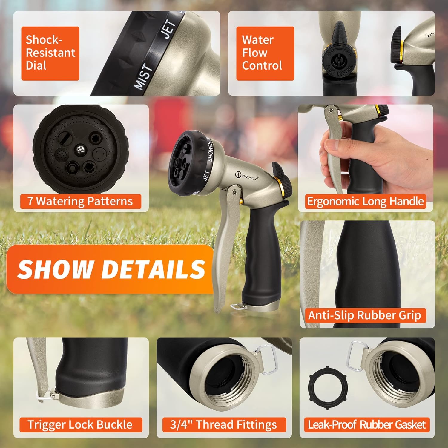 AUTOMAN Garden Hose Nozzle, 7-Pattern Spray