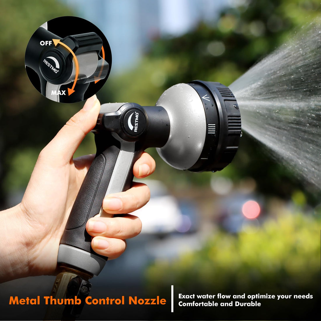 RESTMO Metal Hose Nozzle, 8 Spray Patterns – Bronze