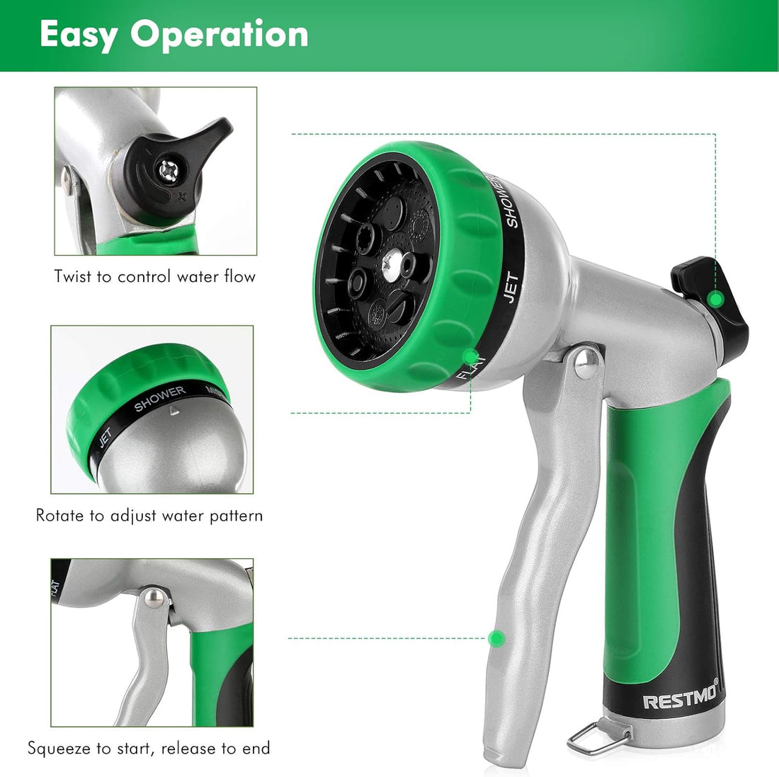 **RESTMO Heavy Duty Garden Hose Nozzle, 7 Spray Patterns**