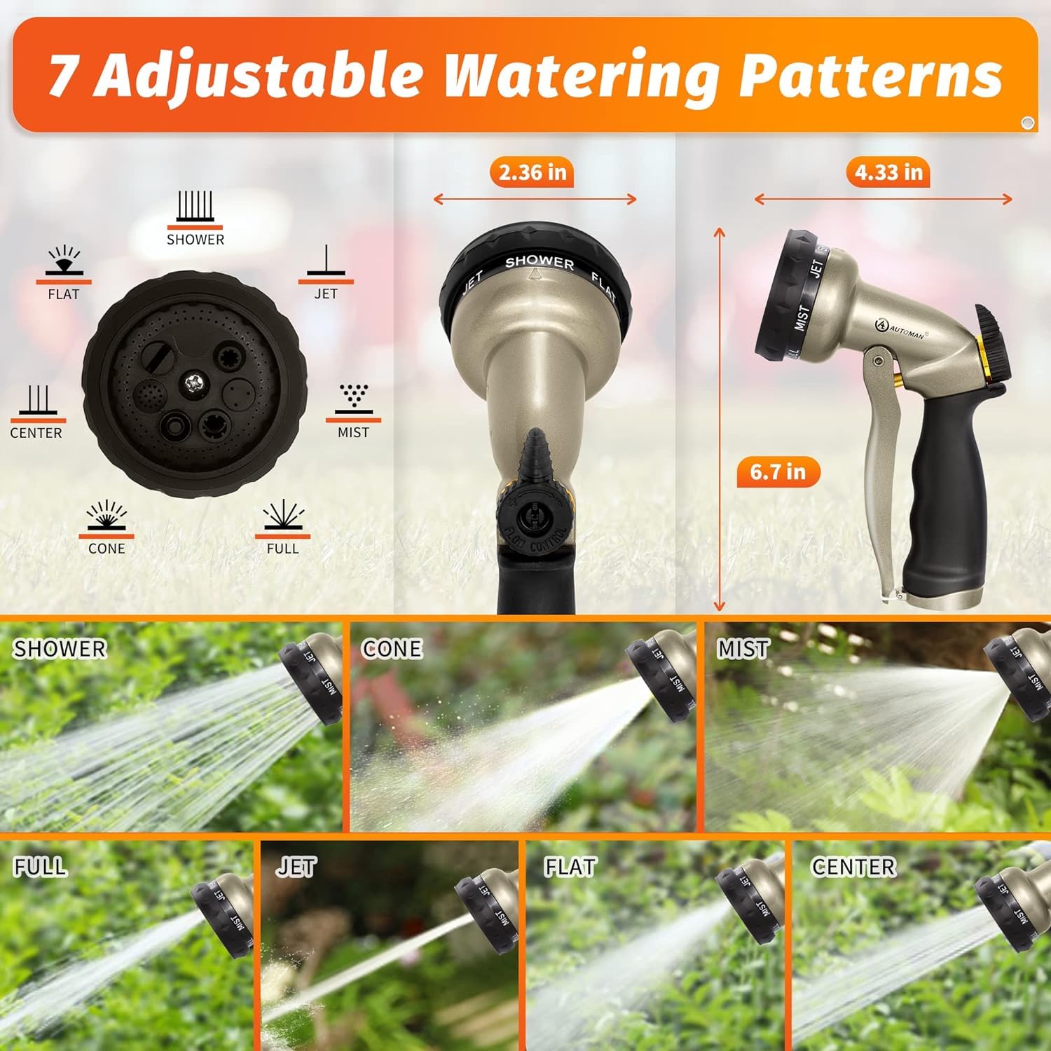 AUTOMAN Garden Hose Nozzle, 7-Pattern Spray