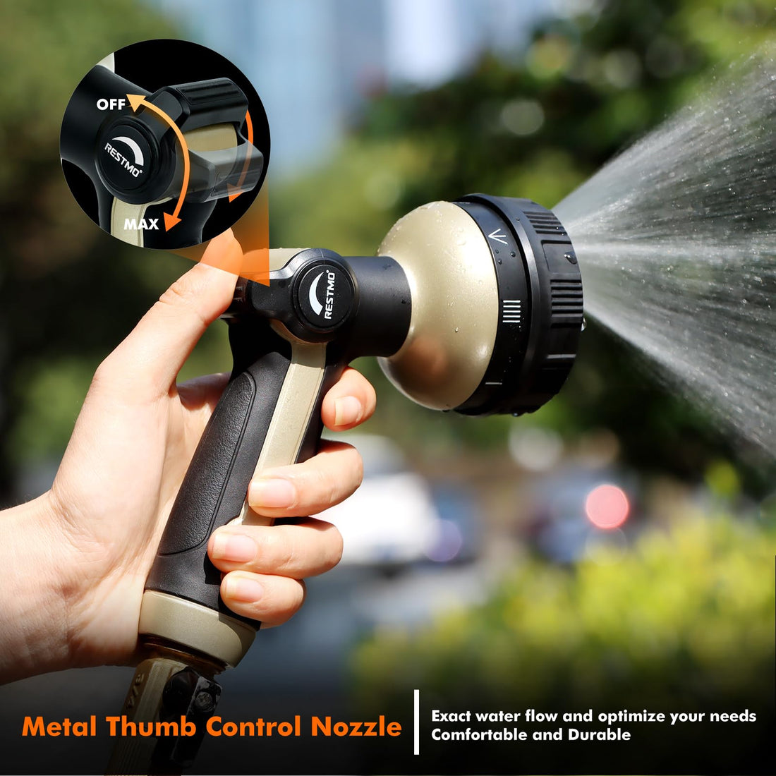 RESTMO Metal Hose Nozzle, 8 Spray Patterns – Bronze