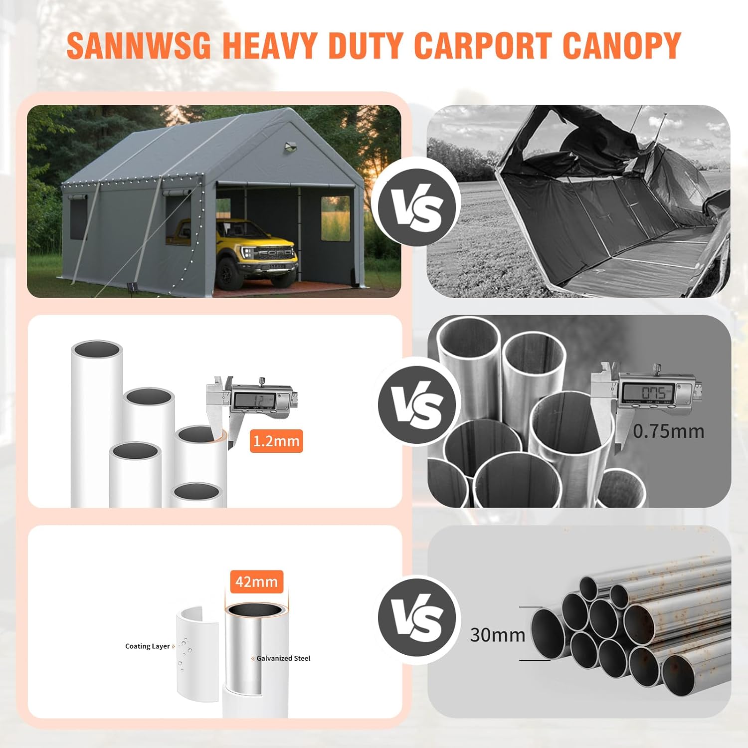 12x20 Ft Heavy-Duty Carport with Sidewalls, Grey