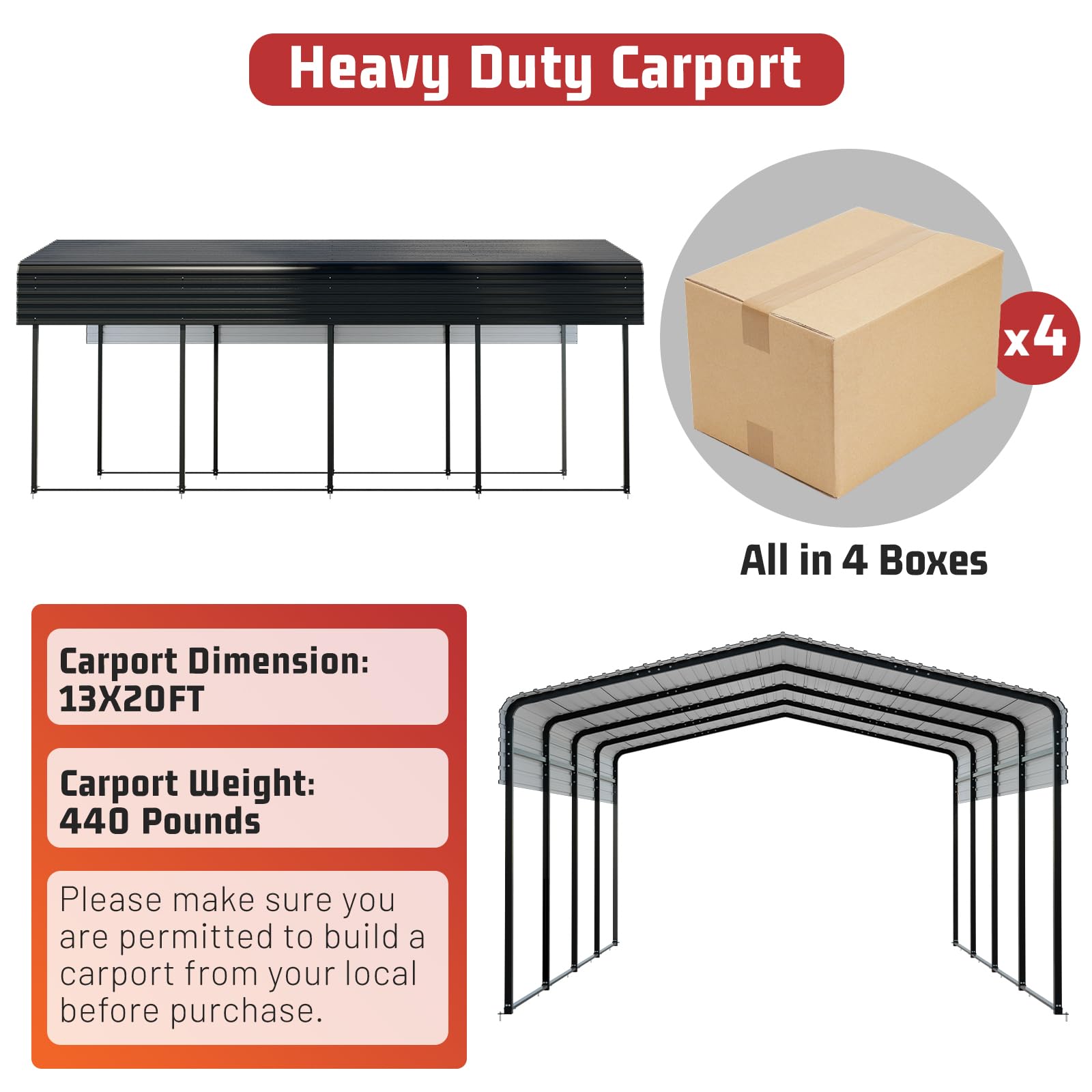 10x15 Ft Metal Carport with Steel Roof