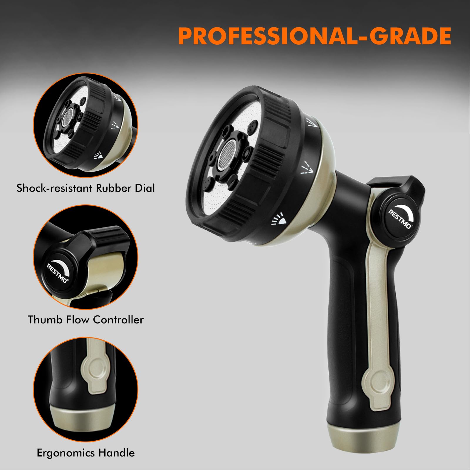 RESTMO Metal Hose Nozzle, 8 Spray Patterns – Bronze