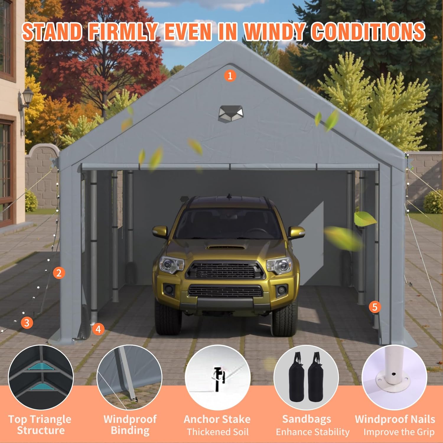 12x20 Ft Heavy-Duty Carport with Sidewalls, Grey