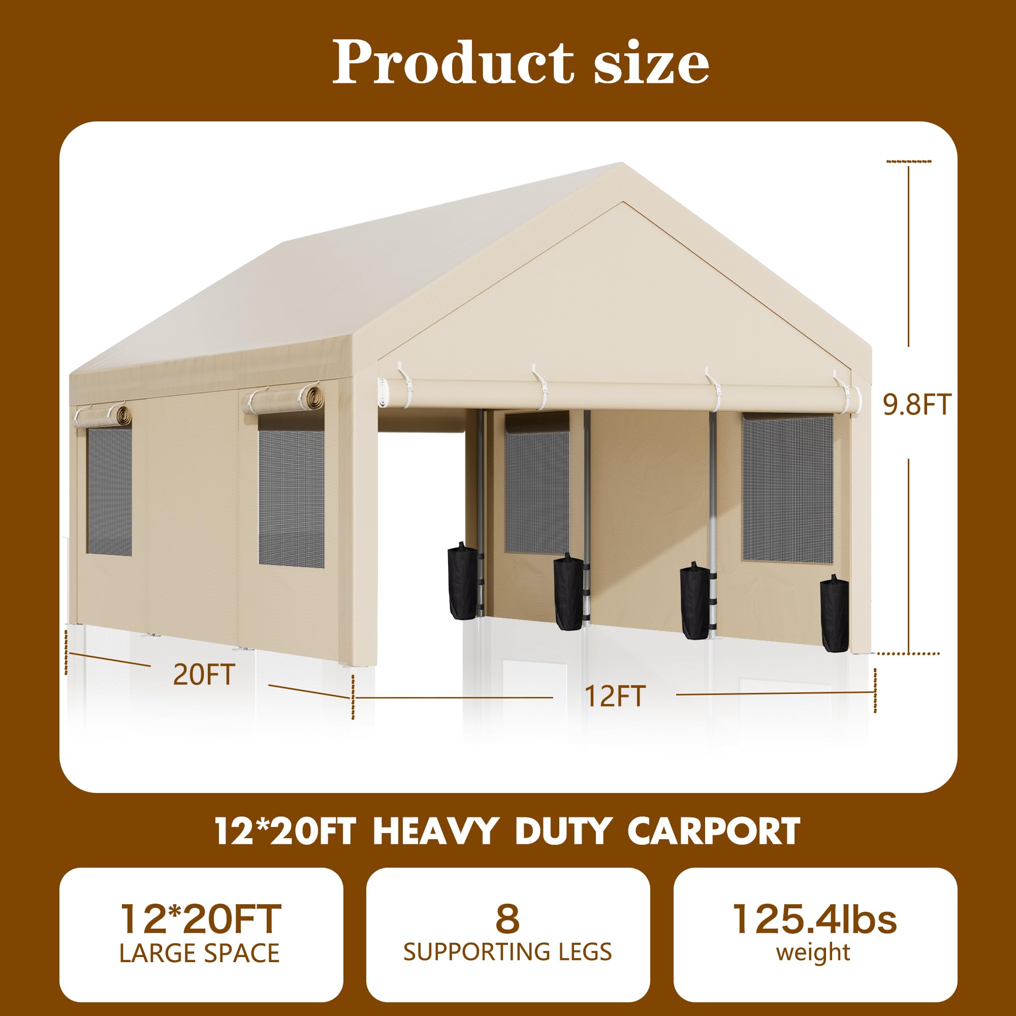12x20 Ft Walsunny Heavy-Duty Carport