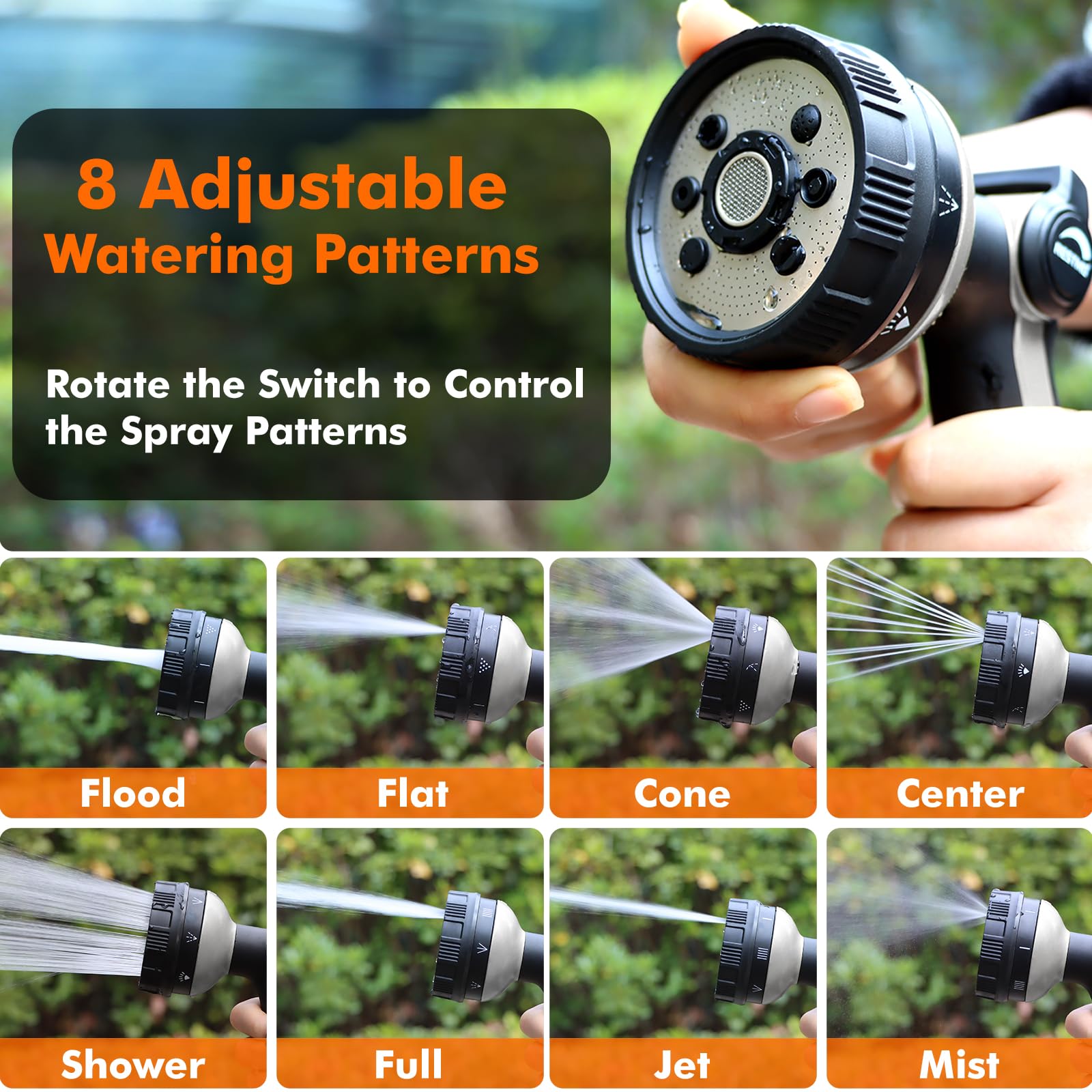 RESTMO Metal Hose Nozzle, 8 Spray Patterns – Bronze