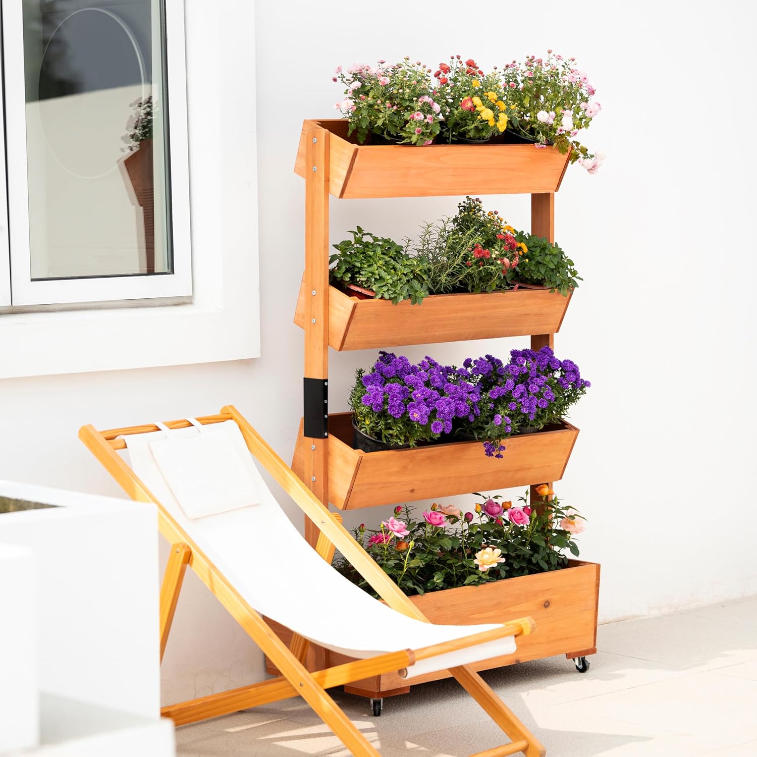 4-Tier Wooden Elevated Garden Bed with Wheels