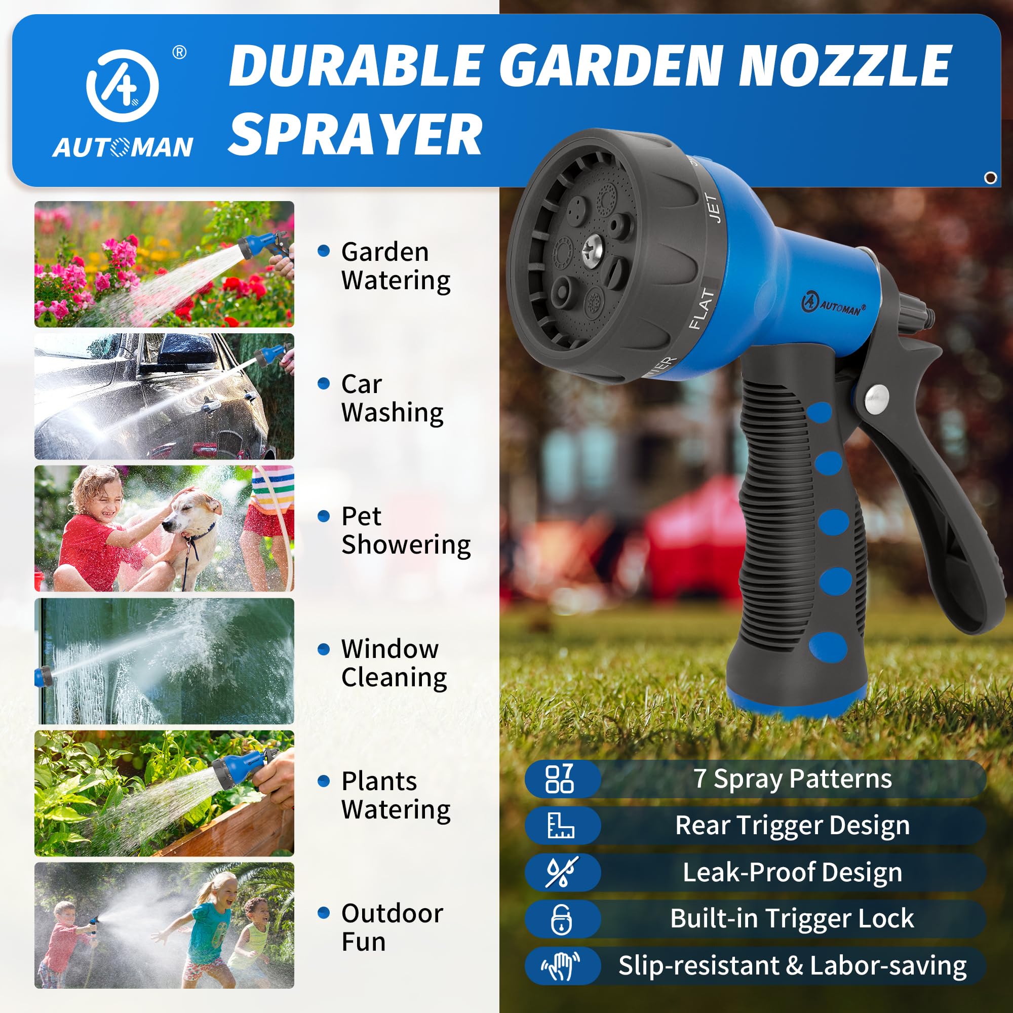 AUTOMAN Garden Hose Nozzle, 7-Pattern Spray