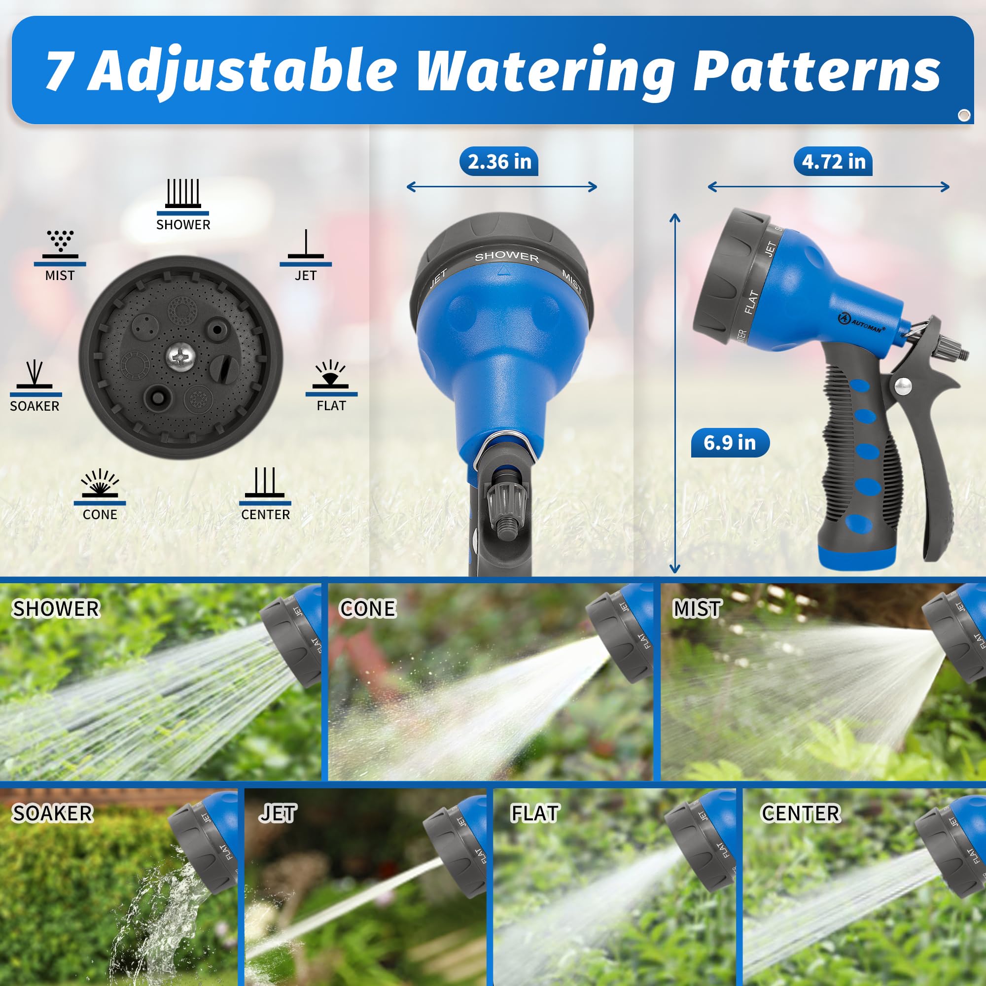 AUTOMAN Garden Hose Nozzle, 7-Pattern Spray
