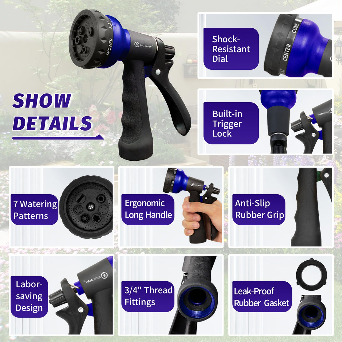 AUTOMAN Garden Hose Nozzle, 7-Pattern Spray