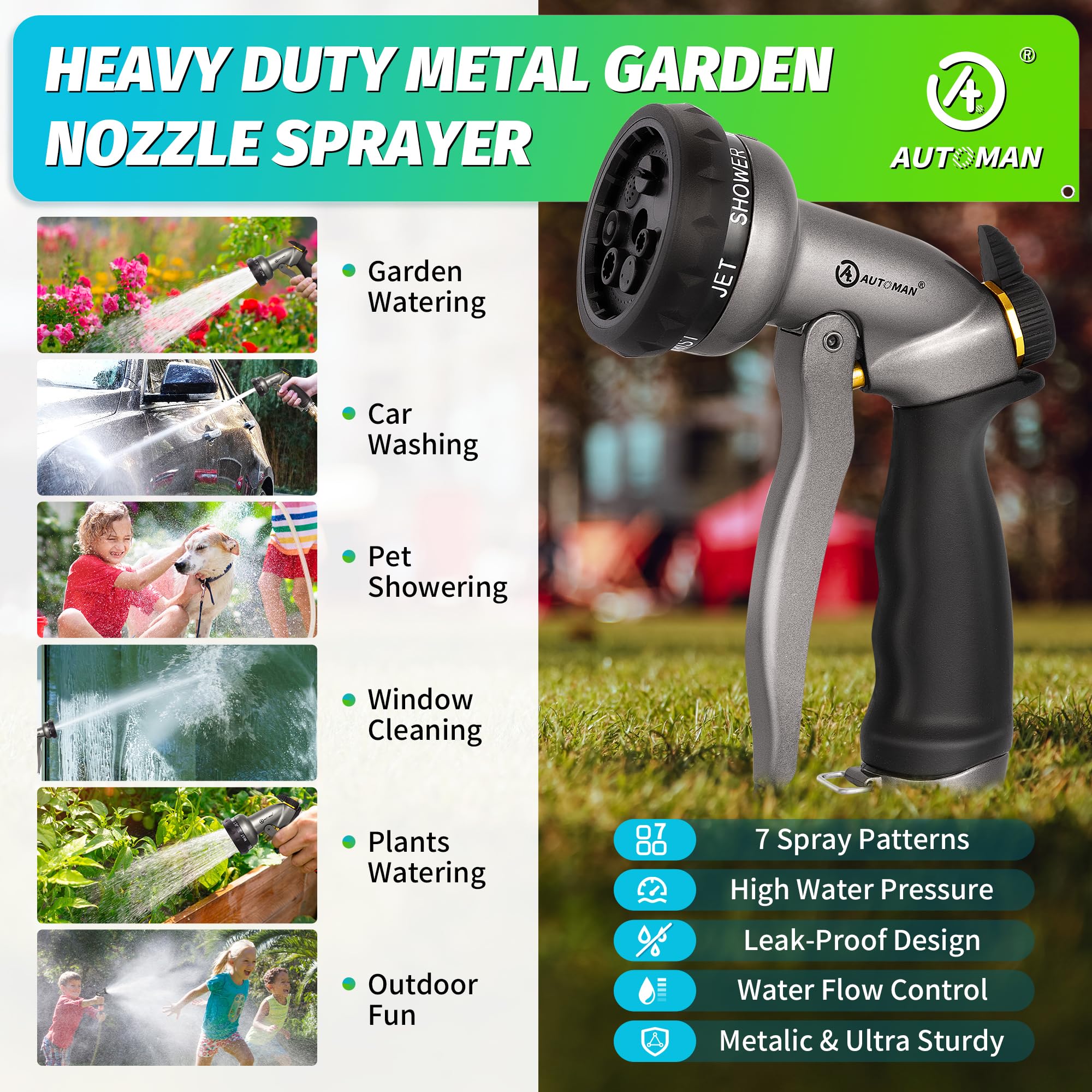 AUTOMAN Garden Hose Nozzle, 7-Pattern Spray