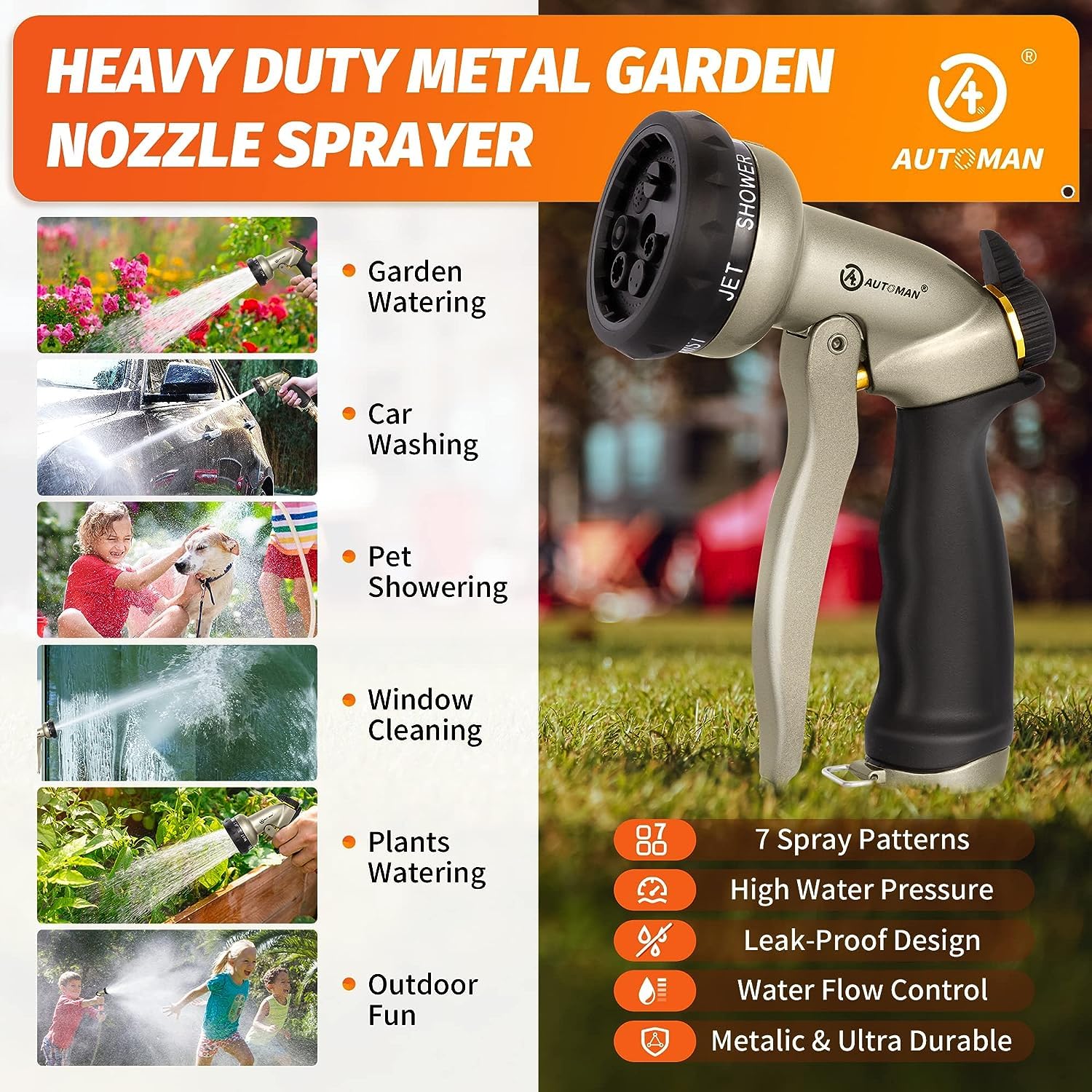 AUTOMAN Garden Hose Nozzle, 7-Pattern Spray
