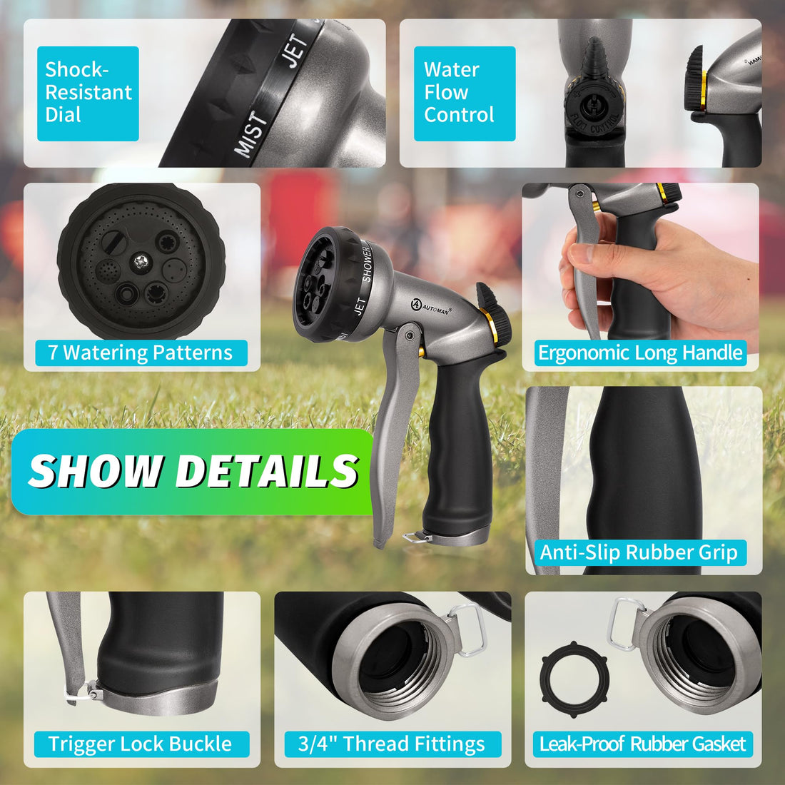 AUTOMAN Garden Hose Nozzle, 7-Pattern Spray