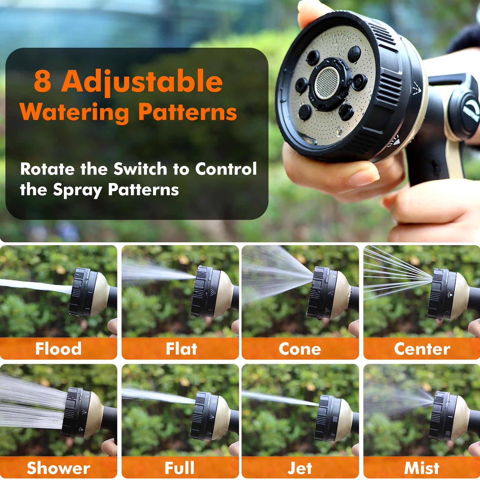 RESTMO Metal Hose Nozzle, 8 Spray Patterns – Bronze