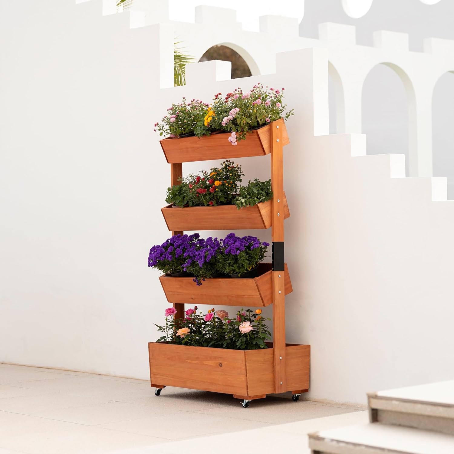 4-Tier Wooden Elevated Garden Bed with Wheels