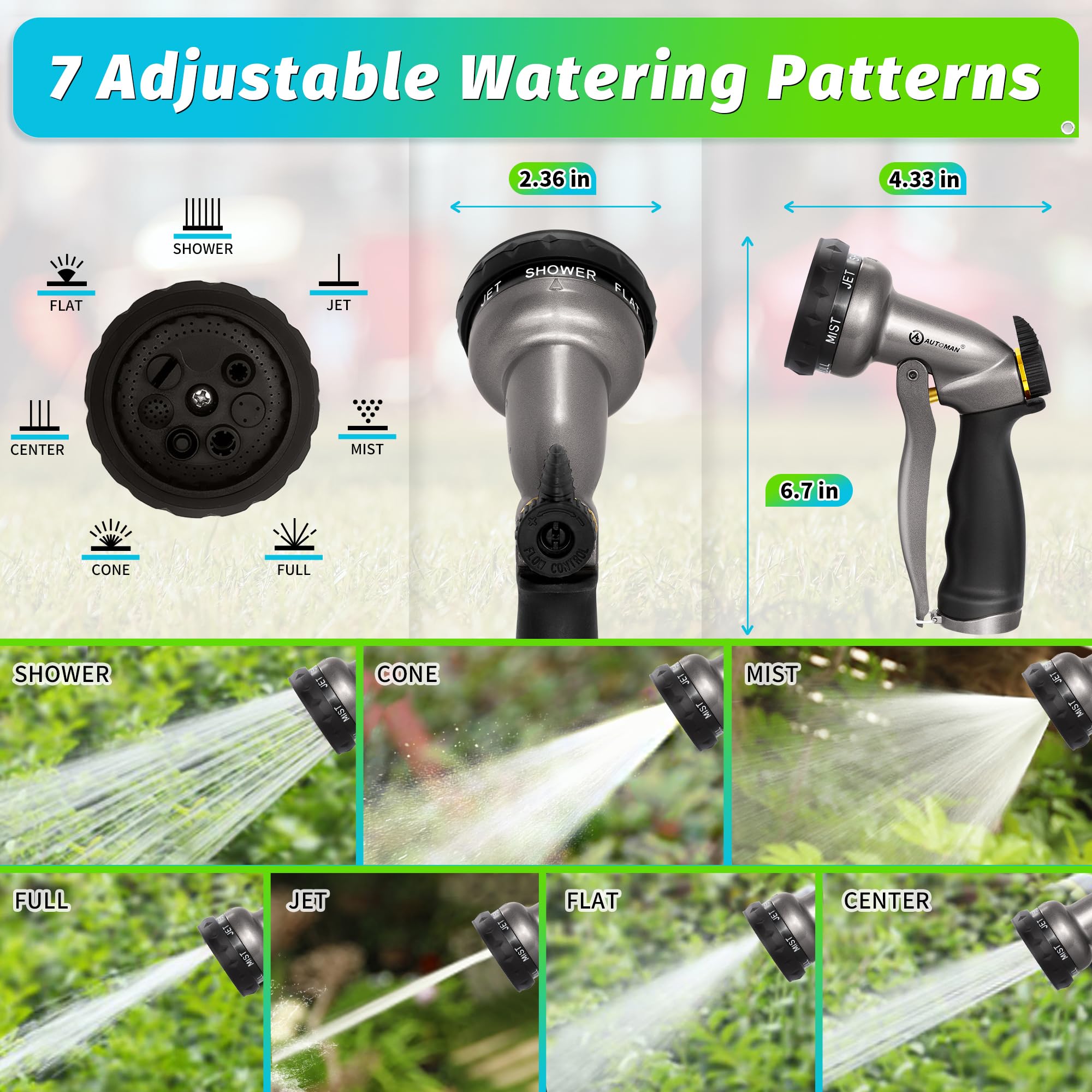 AUTOMAN Garden Hose Nozzle, 7-Pattern Spray