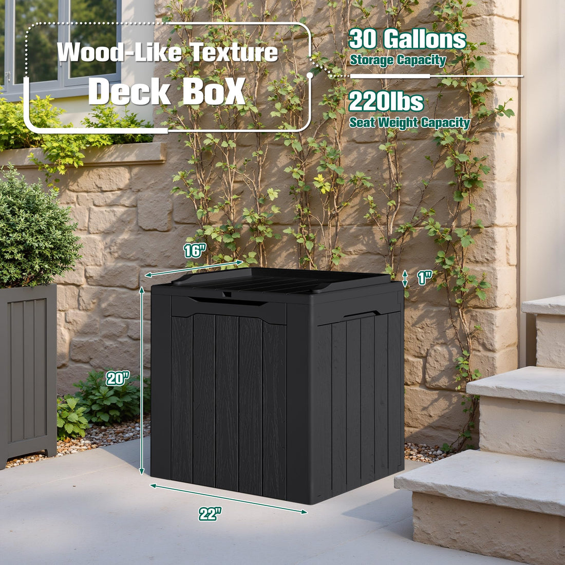 Devoko 30-Gallon Resin Deck Storage Box, Black