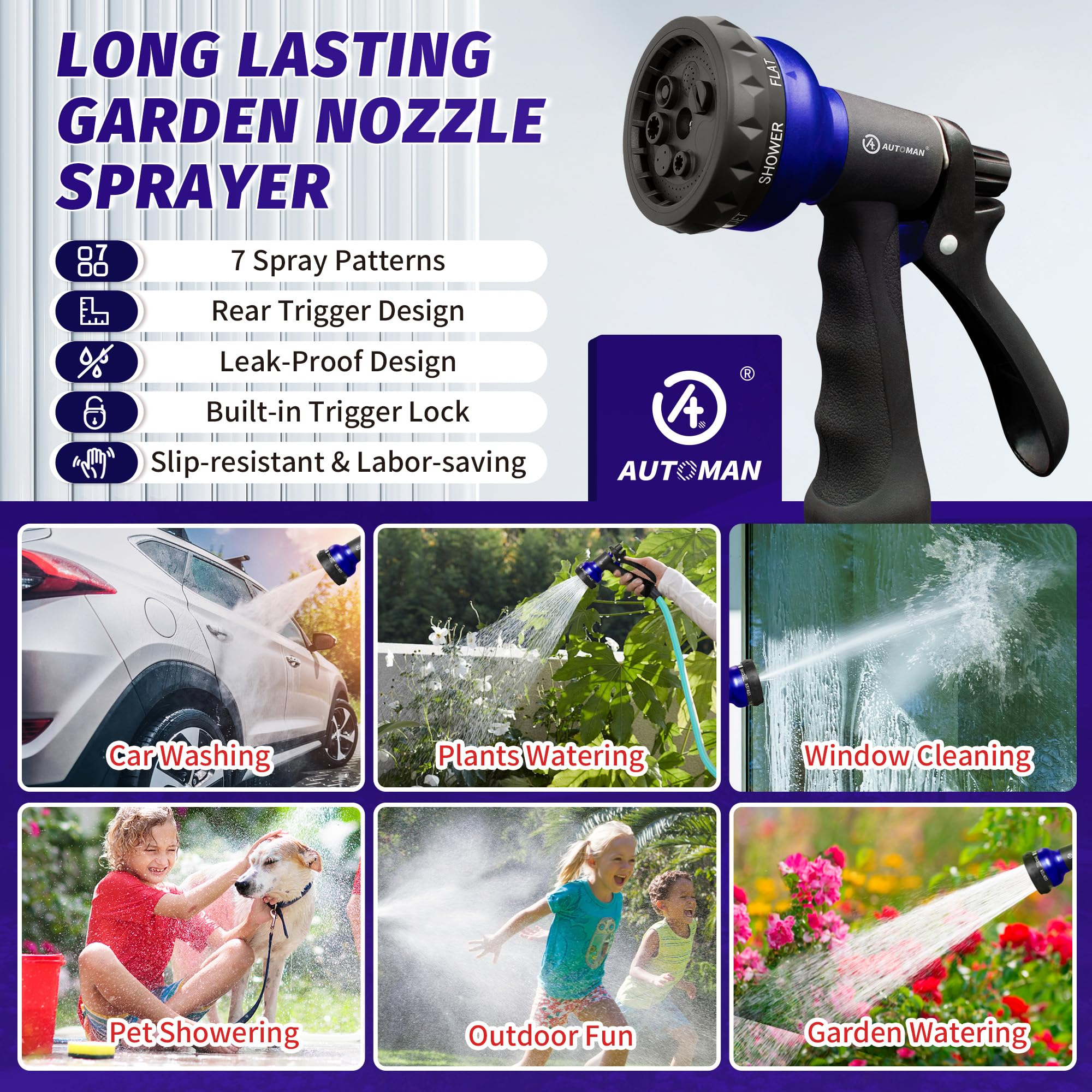 AUTOMAN Garden Hose Nozzle, 7-Pattern Spray