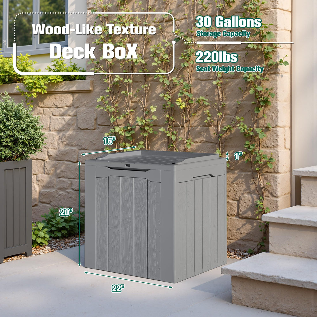 Devoko 30-Gallon Resin Deck Storage Box, Black
