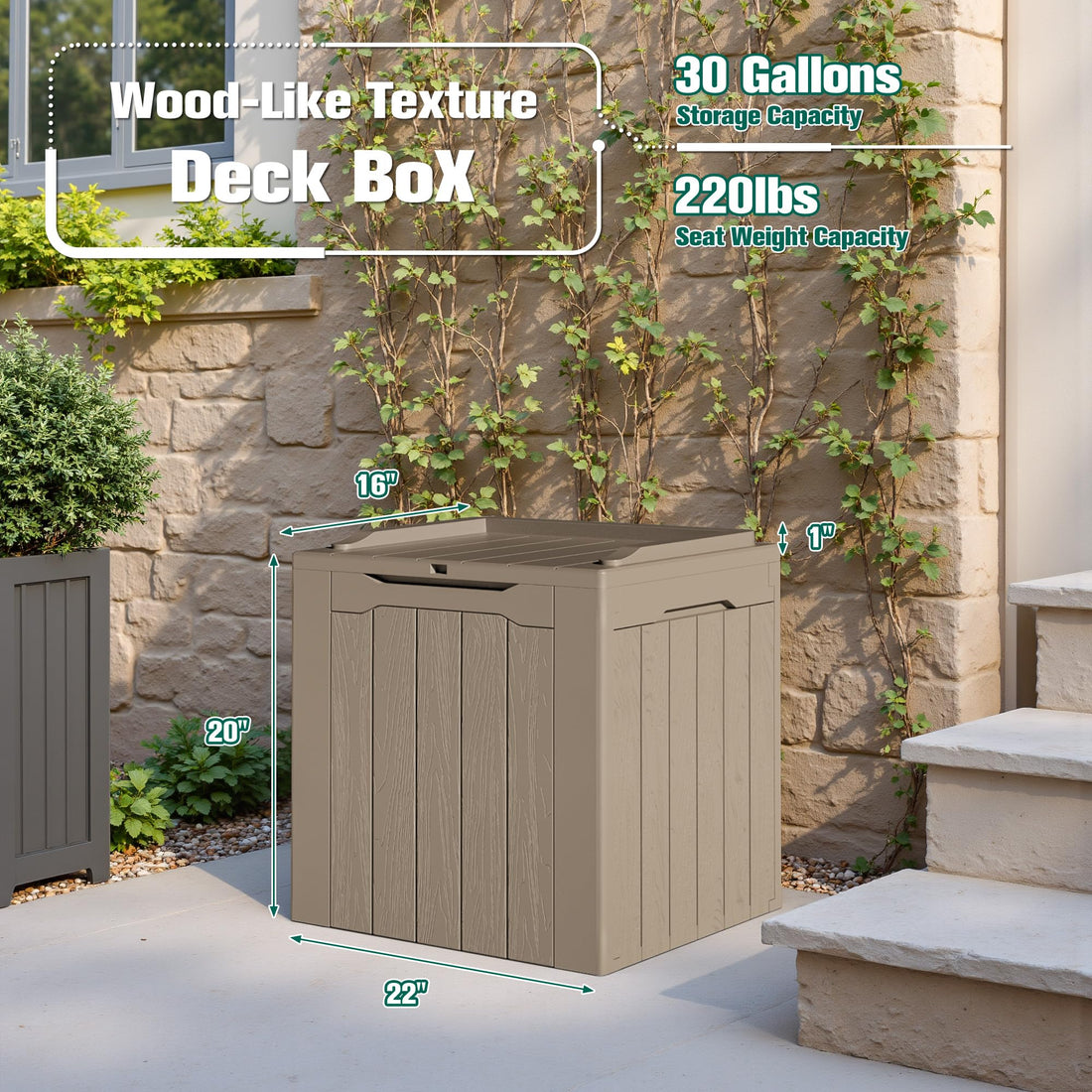 Devoko 30-Gallon Resin Deck Storage Box, Black